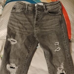 Distressed Gray Button-Fly Jeans